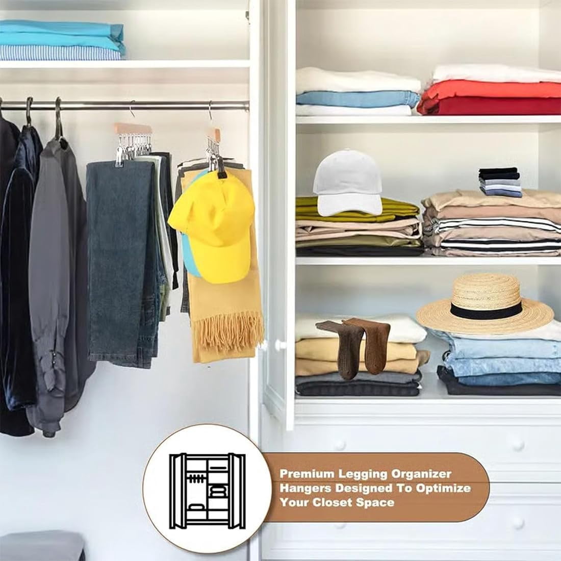 Closet Organizer with 10 Clips - Space Saving Hanging Closet Organizer, Legging Organizer for Closet Hanging, Pants Scarf Hangers with Clips