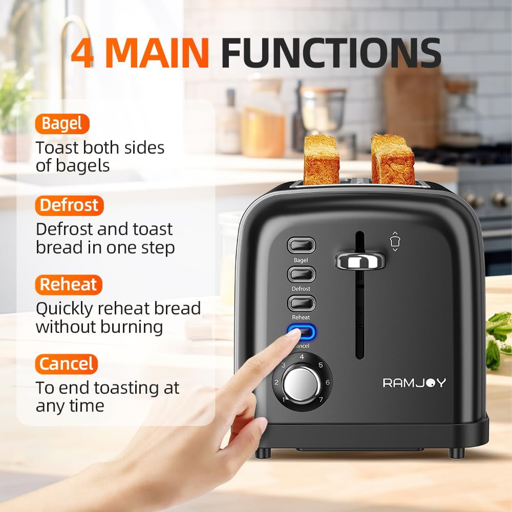 RAMJOY BLACK TOASTER 2 SLICE EXTRA WIDE SLOT TOASTER - BLACK