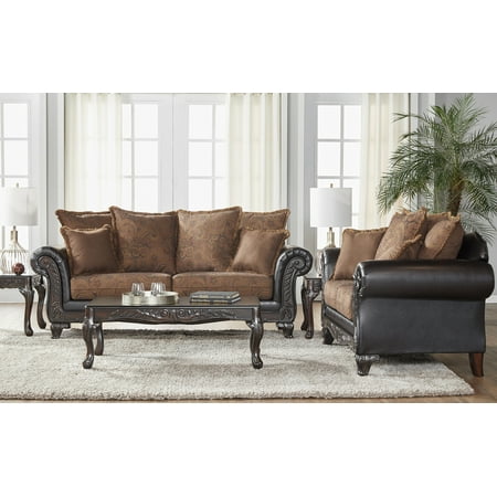 Roundhill Furniture San Marino Traditional Wood Frame Pillow Back Sofa and Loveseat Set, Fabric Upholstery, Chocolate