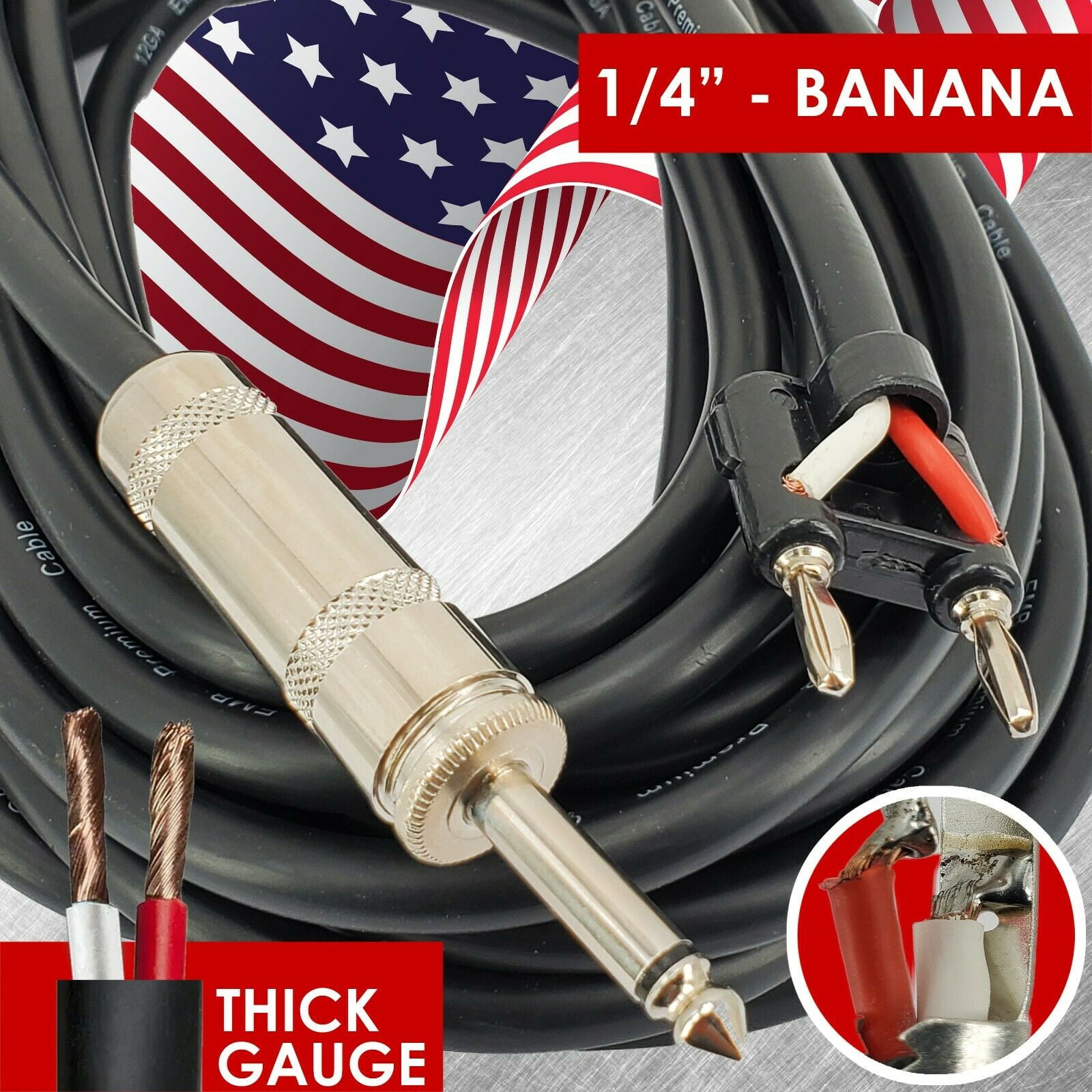 2x PREMIUM DJ / PA PRO TRUE 12 GAUGE 25 FT 1/4 BANANA PA SPEAKER CABLE