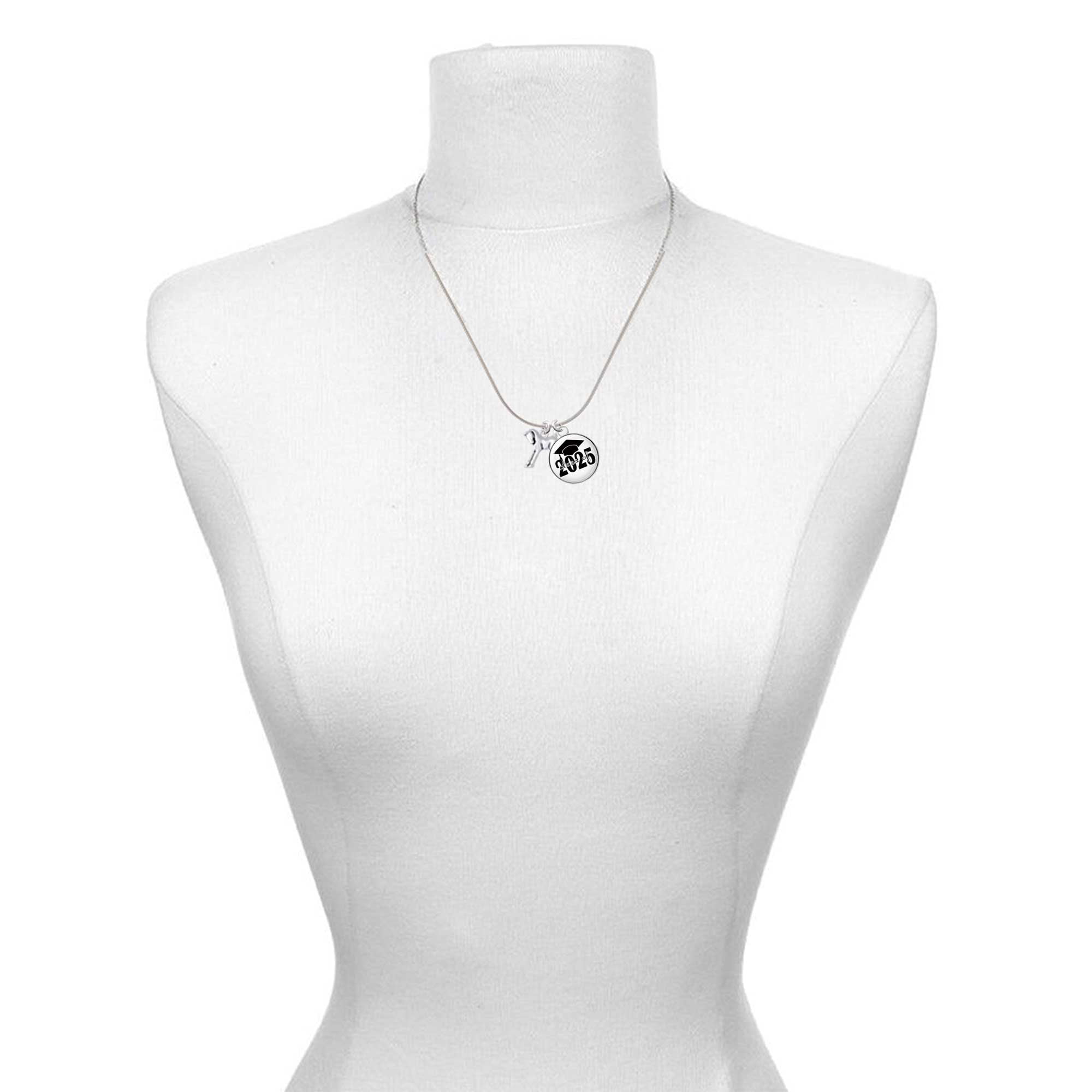 Delight Jewelry Silver-tone Equestrian Horse - Script Class of 2025 Dome Charm Necklace, 18"