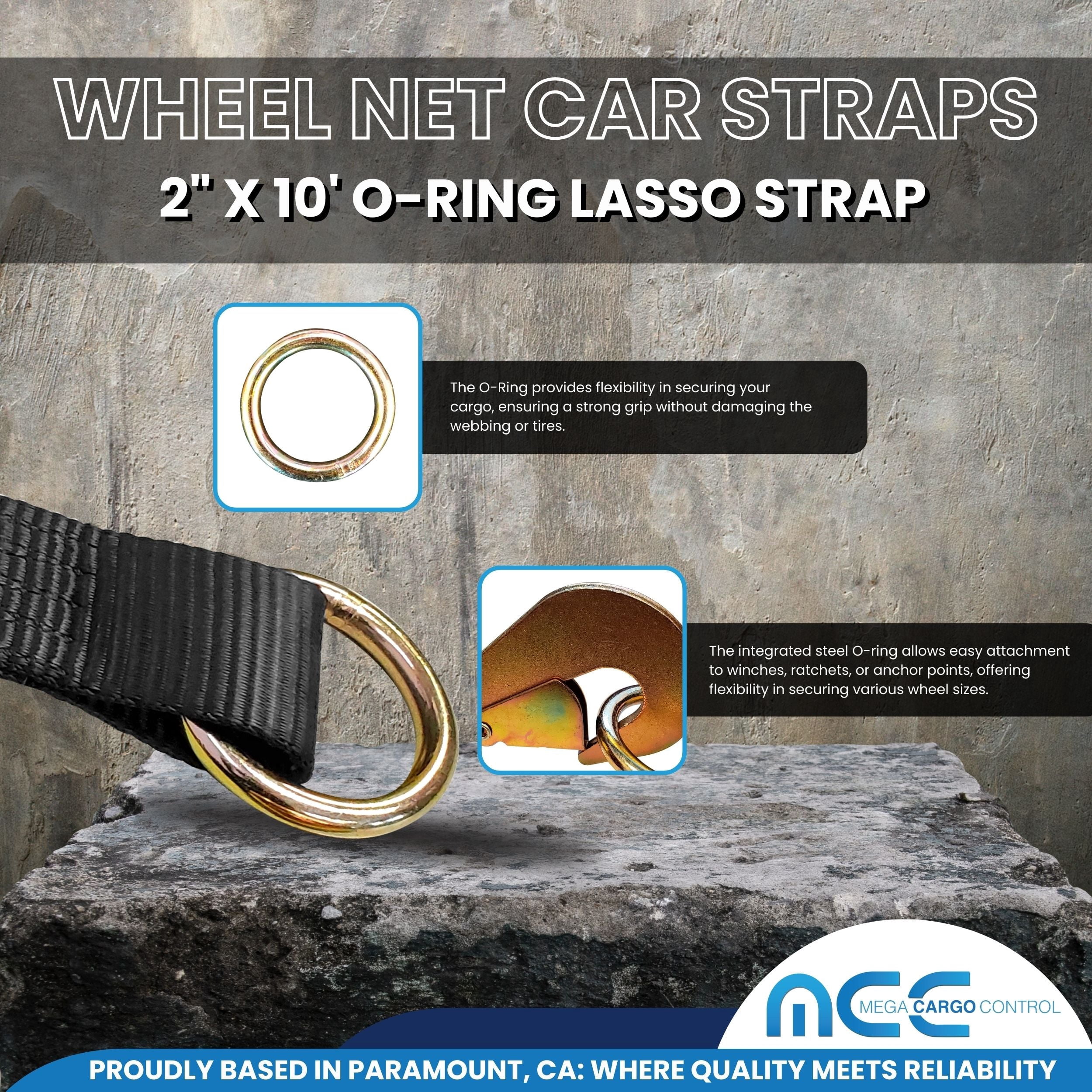 Mega Cargo Control Side Mount Wheel Net Straps with Swivel J Hook Ratchet Buckles, 2" x 10' O-Ring Lasso Strap, 4 Pack, Black