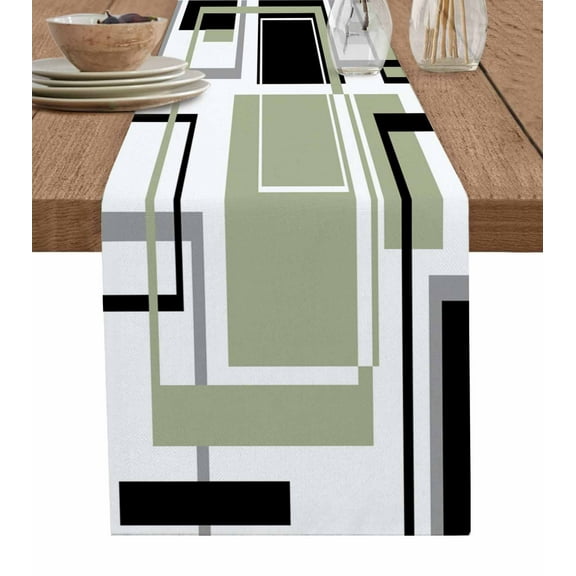 Table Runners 120 Inches Long Dress Scarves, Sage Green Geometric Farmhouse Coffee/Dining/Kitchen Table Runner for Living Room, Black Gray Abstract Striped Art 13x120 Inch
