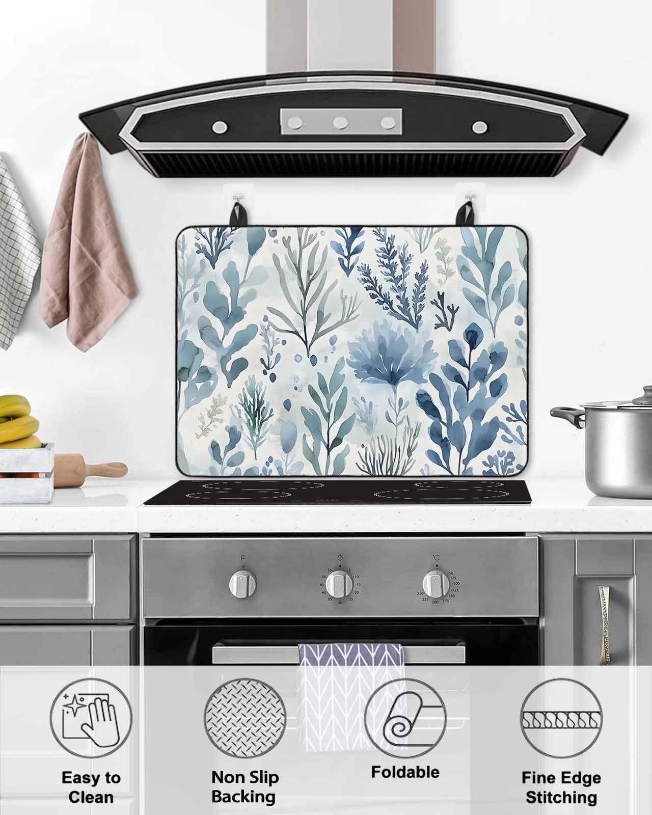 nqOlkjepod Large Induction Cooktop Protector Mat 36"x21", Blue Botanical Stove Top Covers for Electric Stove, Spring Summer Leaf Pastoral Vintage Stove Burner Cover Mats, Glass Top Stove Cover