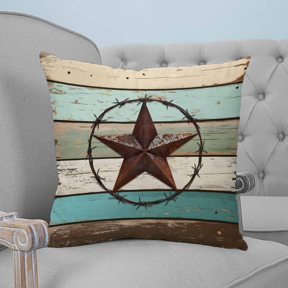 Texas Star Western Throw Pillow Covers, Soft Pillowcases with Invisible Zipper, Vintage Teal Brown Wooden Farmhouse Decorative Square Pillow Cushion Covers for Living Room Couch Sofa Bed 18x18 Inches
