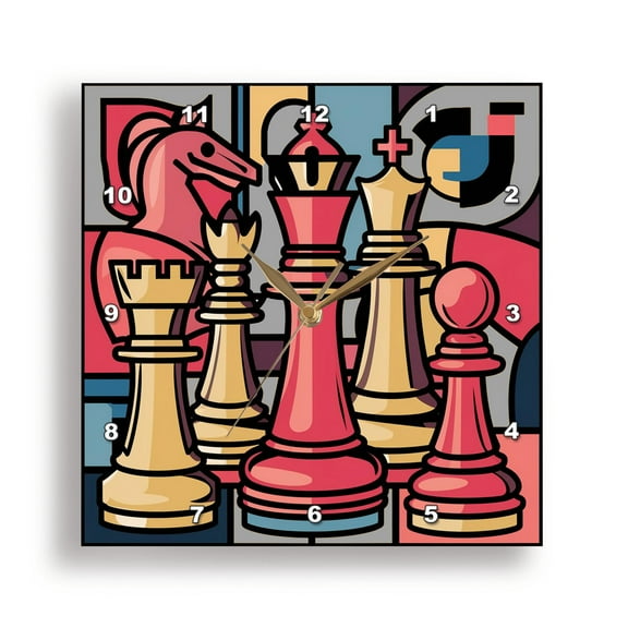 3dRose, Cool Fun Colorful Chess Pieces Chess Game Abstract Art, 15x15 Wall Clock