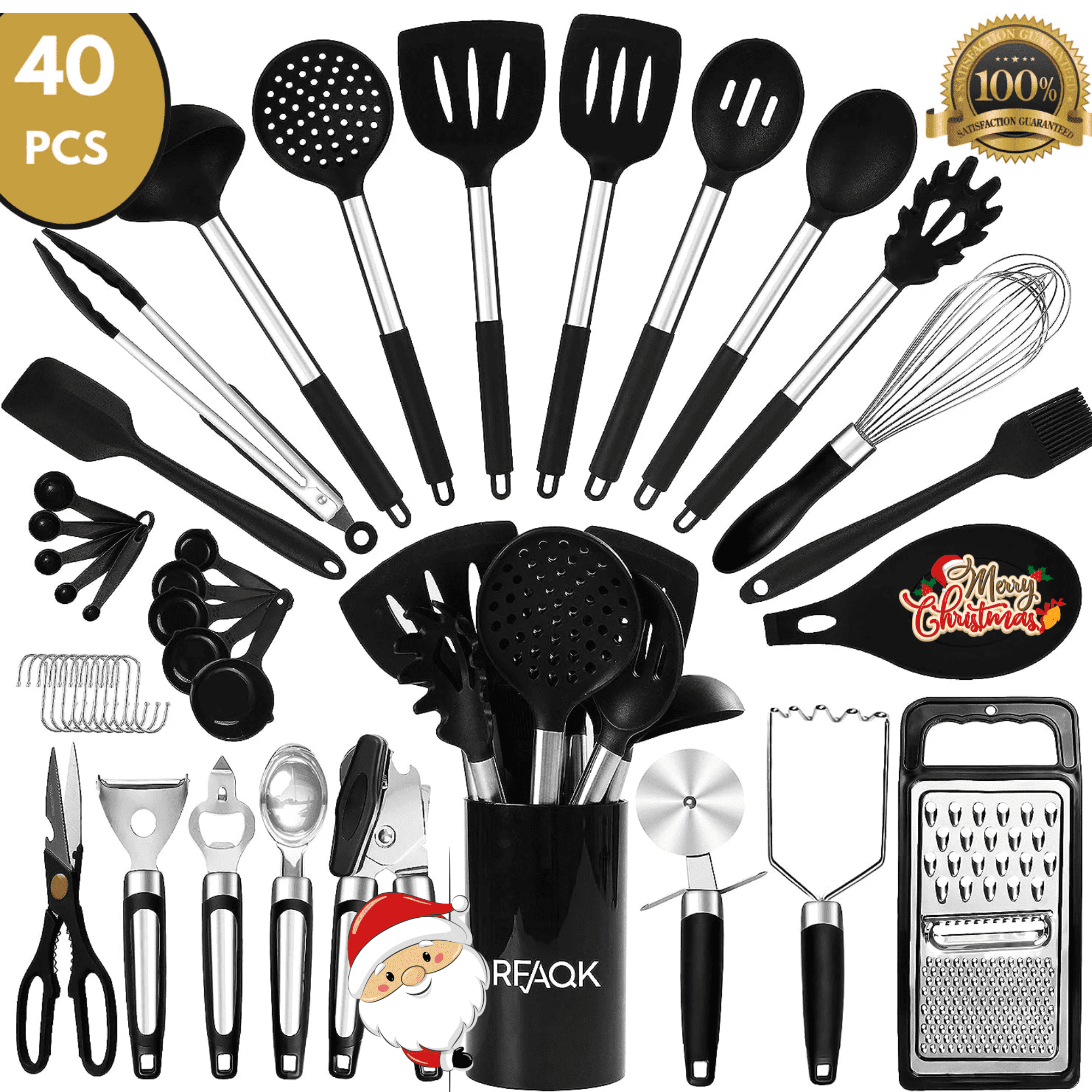 RFAQK Silicone Kitchen Cooking Utensil Set With Holder, 40PCs Heat Resistant Set for Nonstick Cookware, Kitchen Gadgets includes Can Opener, Potato Masher & Peeler, Tongs,spatulas,Pizza cutter & More