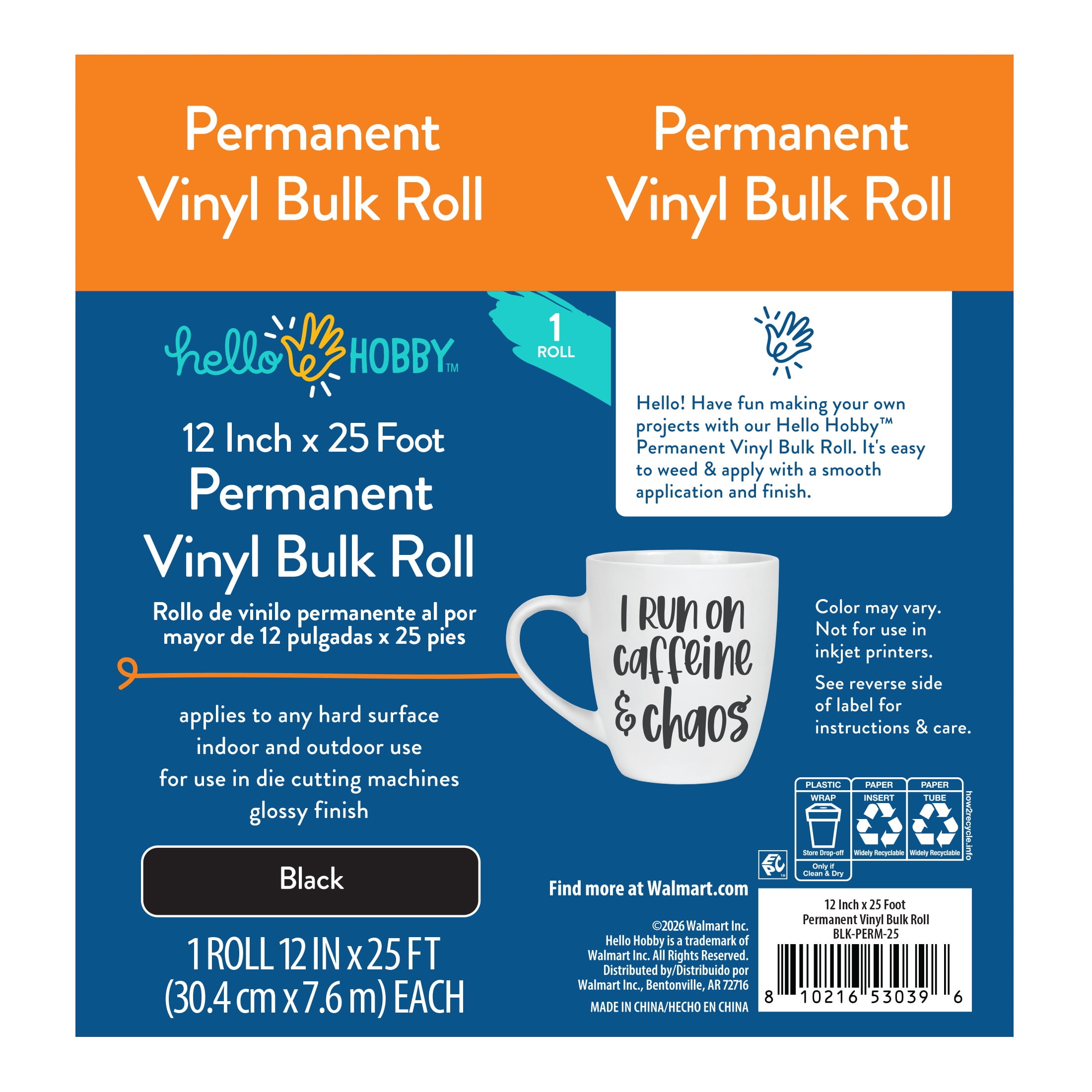 Hello Hobby 12" x 25' Black Permanent Craft Vinyl Bulk Roll