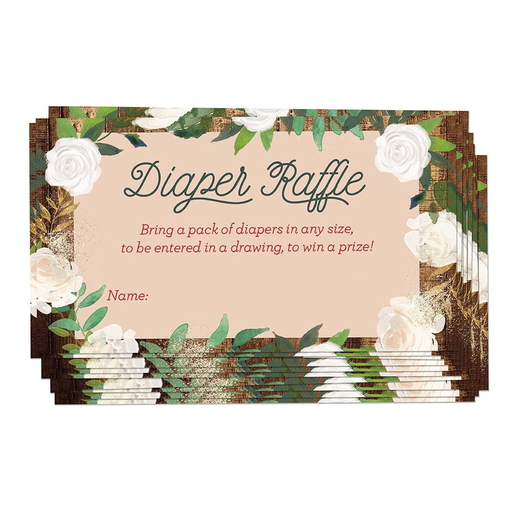 Diaper Raffle Tickets Rustic 48 Pack Baby Shower Infant Girl Gender Guest Invitation Inserts Pink Flowers Fill in Blank Name Cards Party Game Prize Drawing Newborn Daughter 3.5 x 2 Inches Digibuddha