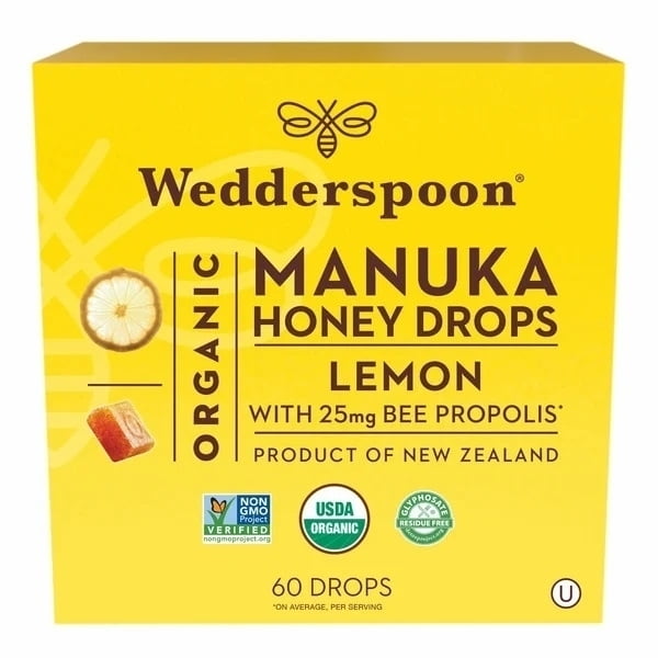 Wedderspoon Organic Manuka Honey Drops, Lemon, 25mg Bee Propolis