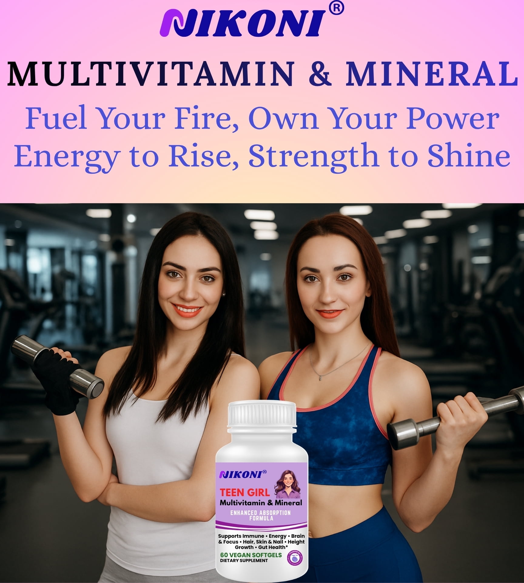 Nikoni Teen Girl Multivitamin & Mineral Vegan Softgels Enhanced Absorption Formula 60 Count