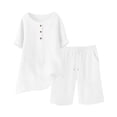 thumbnail image 4 of Gamivast 2 Piece Summer Outfits for Women Casual Linen Textured Short Sleeve Henley Shirt and Drawstring Shorts Set Loose Fit Lounge Tracksuit Vacation Streetwear White L, 4 of 7