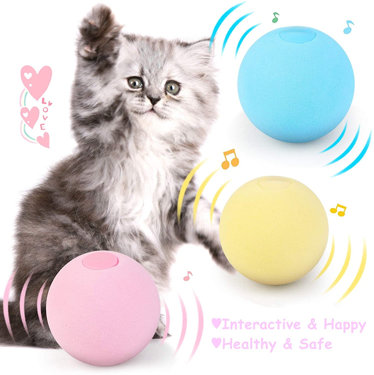 Battery Powered Kitten Play Balls with Bell for Dogs LED Cat Ball with Sounder Pink 