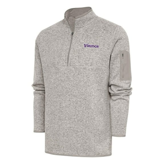 Men's Antigua Oatmeal Minnesota Vikings Throwback Fortune Quarter-Zip Pullover Jacket