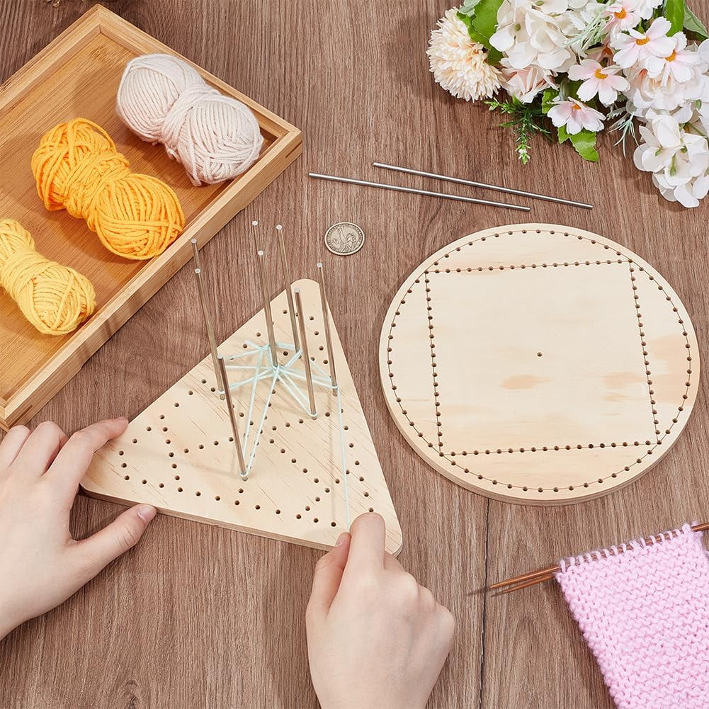 2 Styles Wooden Lace Loom Lace Weaving Kit with 10pcs 304 Stainless Steel Rods Round Crochet Board Triangle Knitting Base for Craft Making Beginners Woven Knitted Supplies