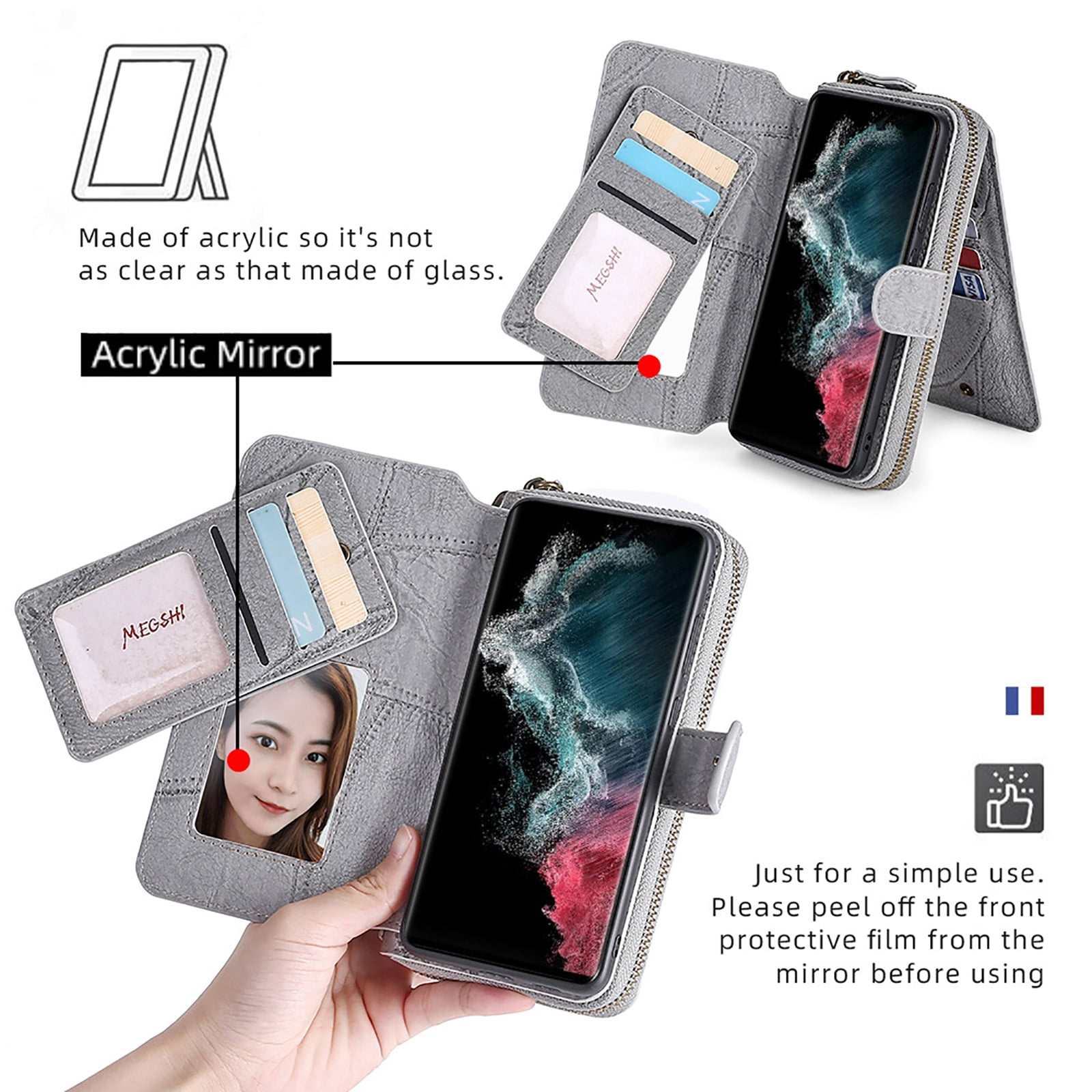 For Samsung Galaxy S25 Ultra Wallet Case with RFID Blocking Credit Card Holder, Detachable Wallet Phone Case Magnetic Closure Flip Kickstand PU Leather Flip Lanyard Strap Wristlet Zipper Purse,Gray