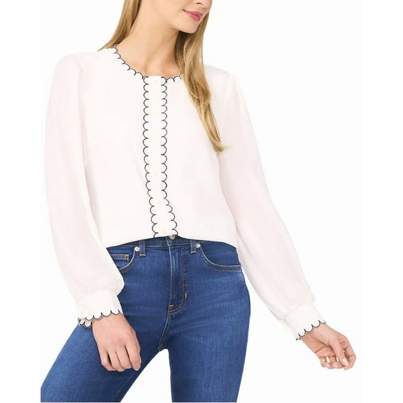 CeCe womens Scallop Detail Button Down Blouse, xs, White