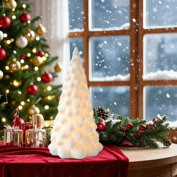 White Ceramic Christmas Trees that Light Up,Porcelain Christmas Tree with Lights,Tabletop Xmas Tree Figurines for Mantle Neutral Christmas Decor, 6.2X3.5in