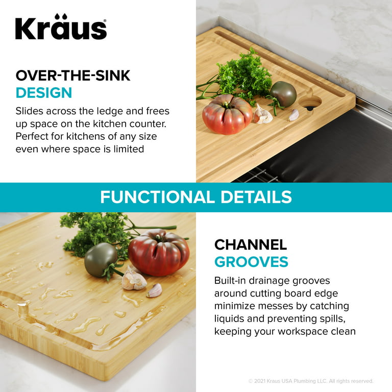 Kraus KCBT-103BB 19.5 x 12 in. Solid Bamboo Cutting Board with Mobile Device Holder for Standard Kitchen Sink or Countertop