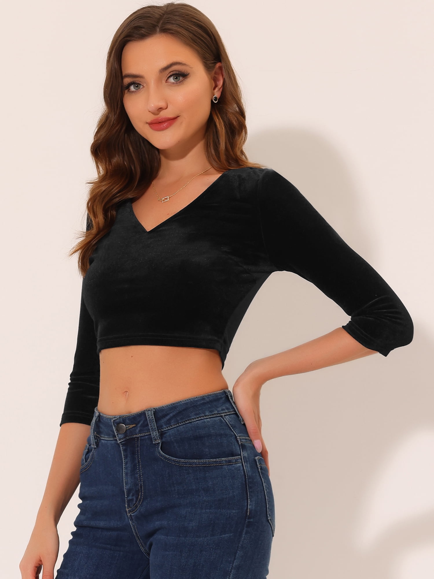 DARING DIVA 3/4 Sleeve Cropped Velvet Blouse S Black