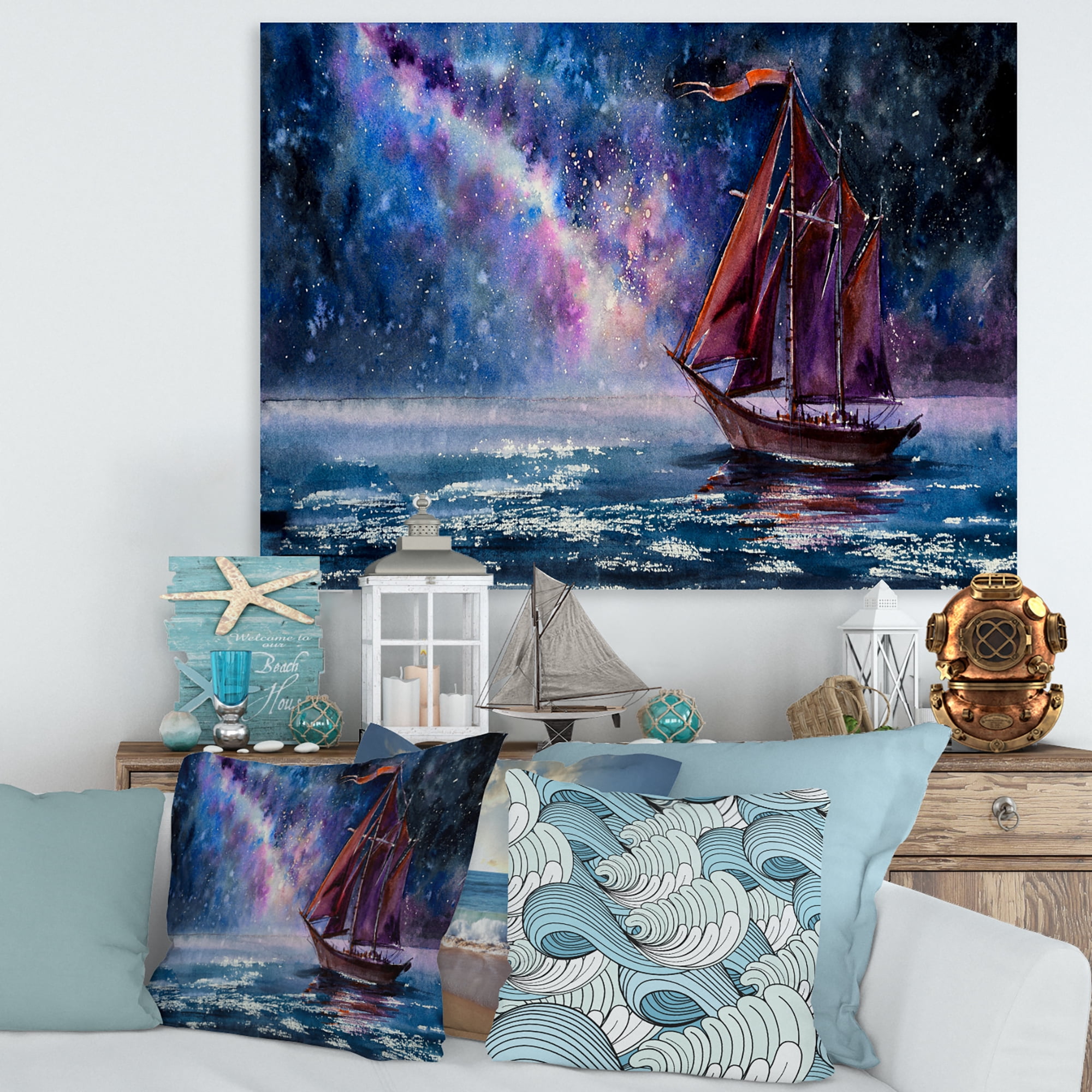 Designart ' Red Sails & Bright Night Sky With Wooden Sailboat ' Nautical & Coastal Canvas Wall Art Print