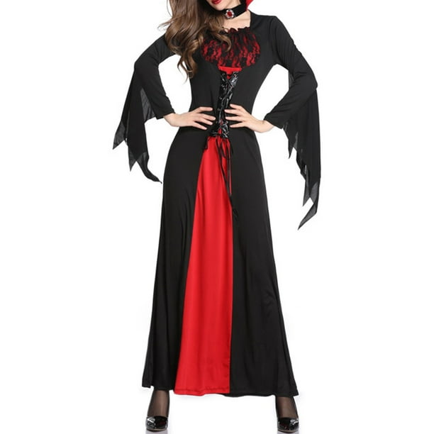 TRKIYQC Disfraces de Vampiro de Halloween para Mujer Vestidos de Manga Larga con Cuello en Contraste para Trajes de Fiesta de Cosplay TRKIYQC moda