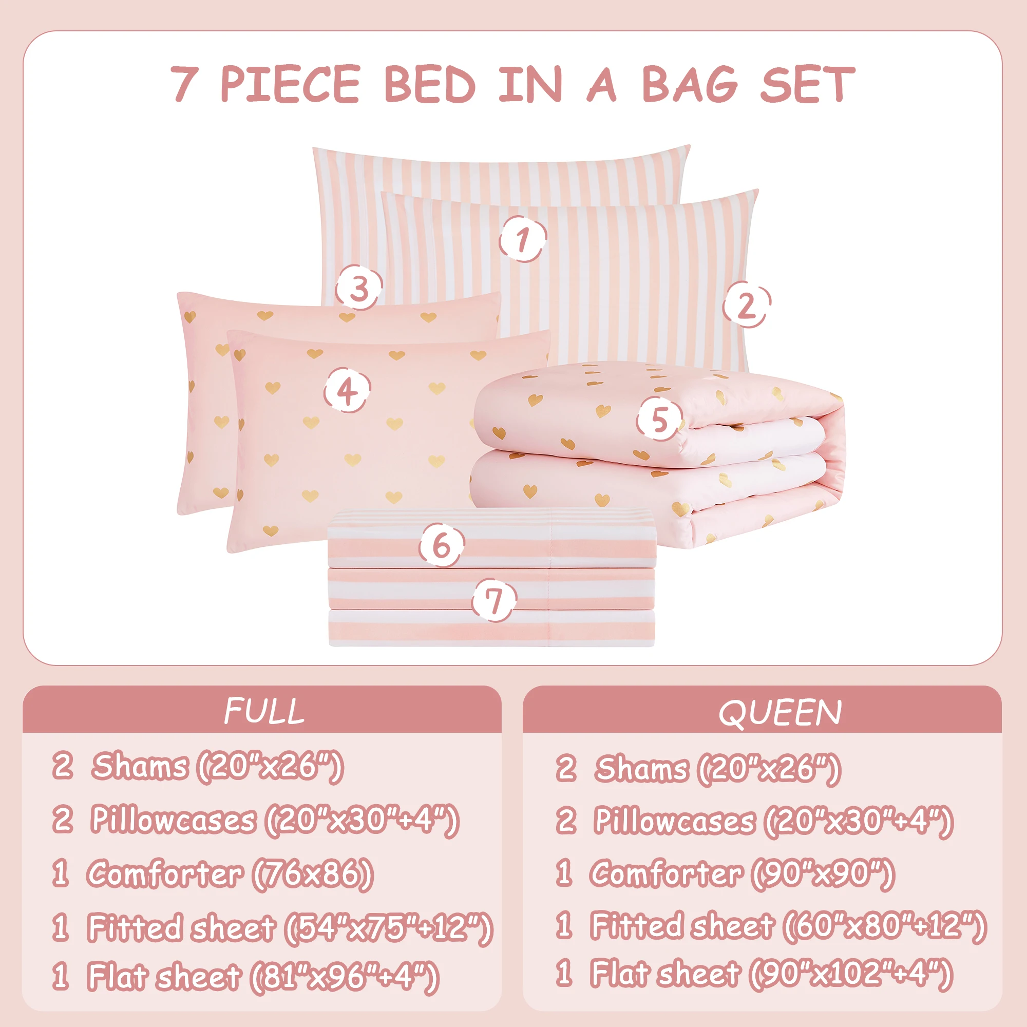 Amberspace gold foil Design 7-piece Bed in a Bag Comforter Set with Sheets,Pink Gold Heart,Queen