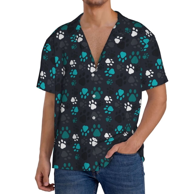 Fotbe Animal Footprints Camisa Estampada de Manga Corta para Hombre, Casual de Verano, Estilo Playero, Sin Arrugas-Medium