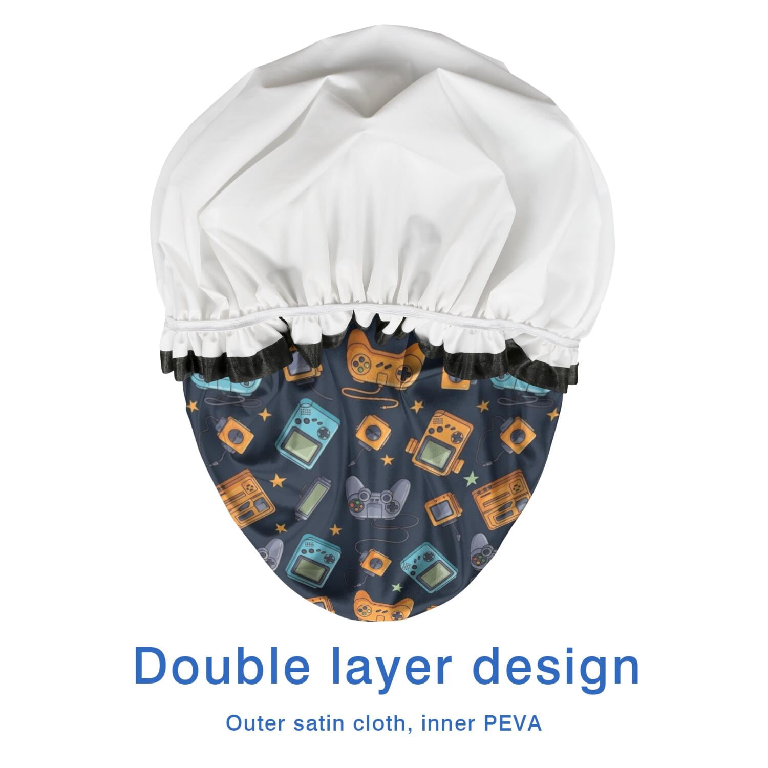 Shower Caps,Retro Consoles Games Icons Blue Pattern Waterproof Shower Cap for Women 4 Pieces,Double Reusable Hair Cover for Shower PEVA Elastic Stretch Hem