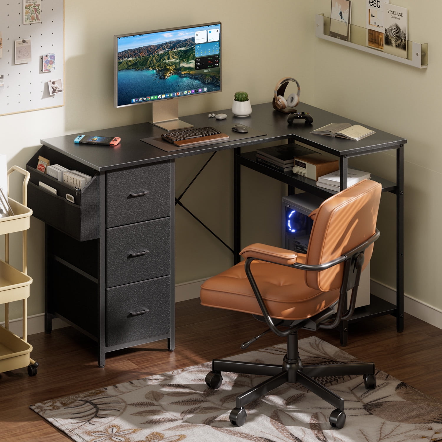 HLDIRECT L Shaped Computer Desk with Drawers & Storage Shelves, 55 inch Corner Desk for Home Office and Bedroom, Black