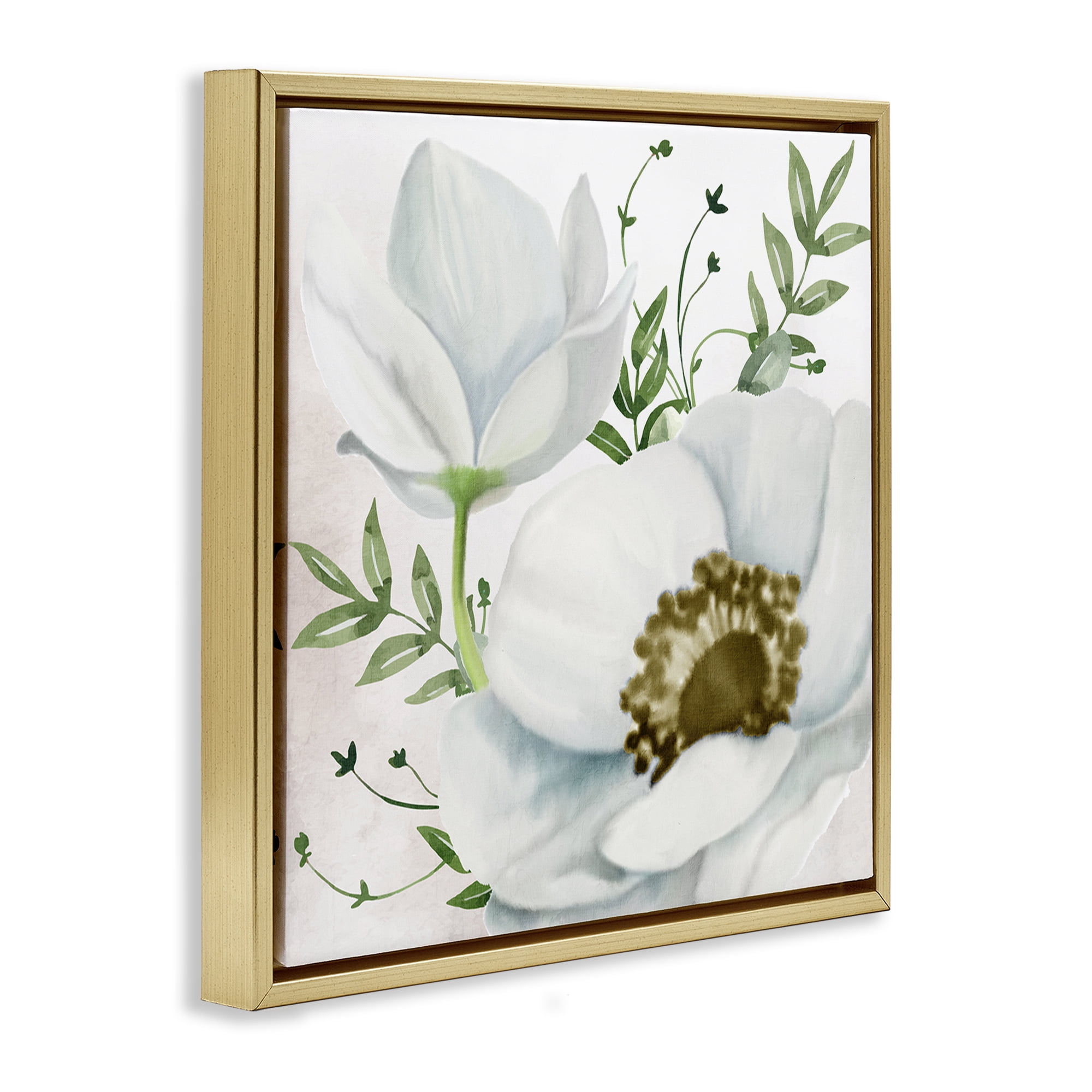 Stupell Industries Magnolia & Leaf Sprigs Plants & Flowers Painting Gold Floater Framed Canvas Art Print Wall Art, 18 x 18