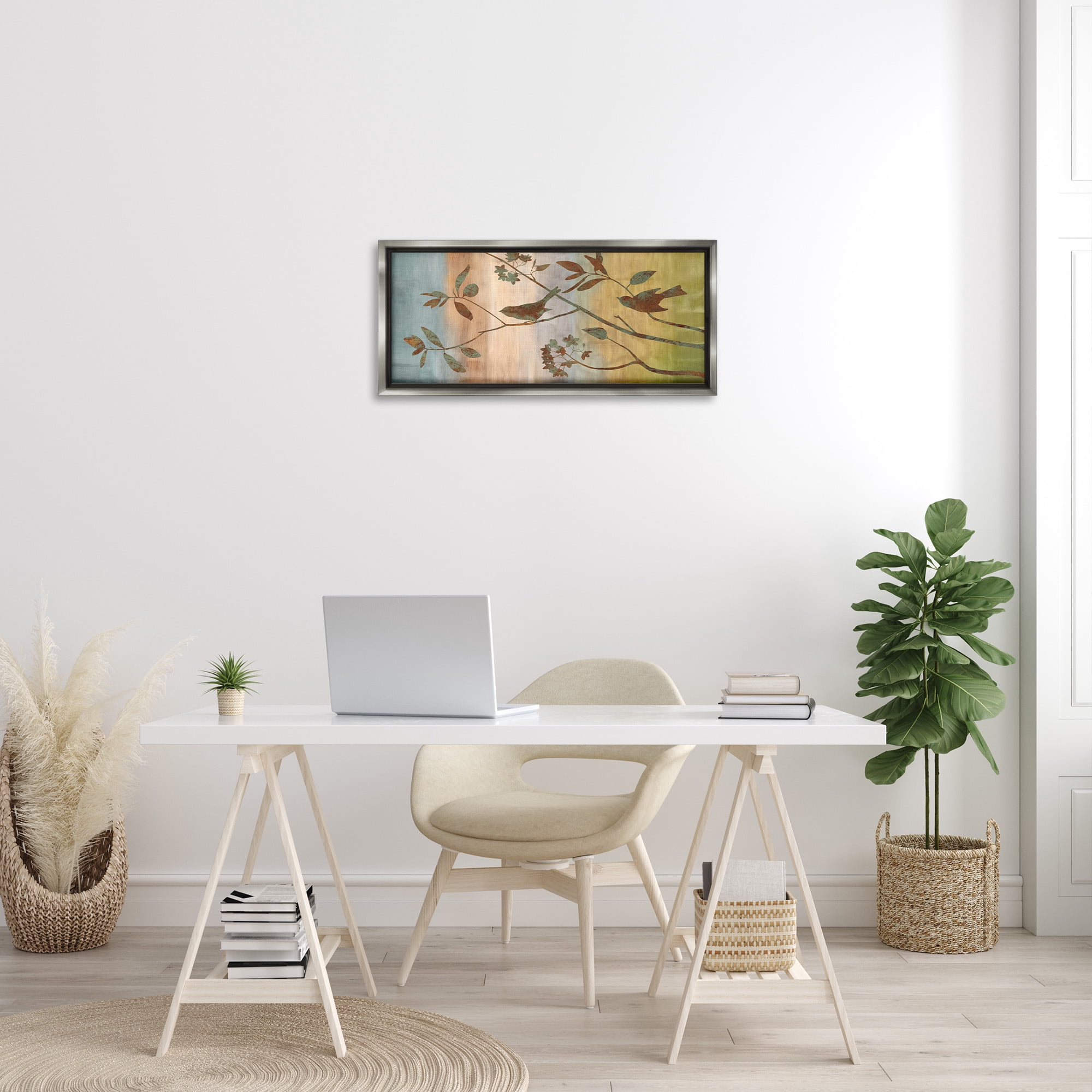 Stupell Industries Collaged Bird Nature Silhouette Botanical & Floral Painting Gray Floater Framed Canvas Art Print Wall Art, 31 x 14