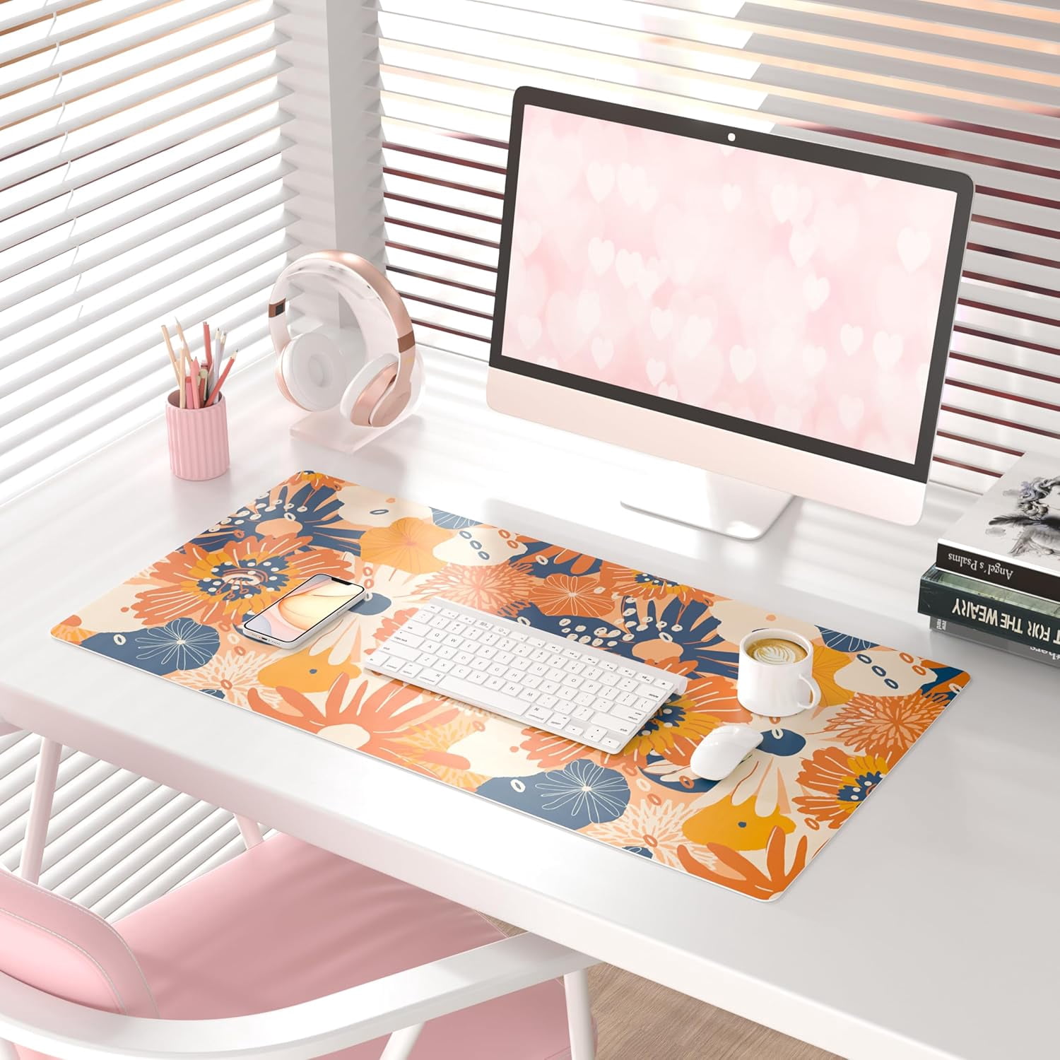 Large Mouse Pad for Desk, Cute Desk Mat for Desktop, Women Girls Office Décor Desk Accessories, PU Leather Waterproof Big Gaming Mousepad, Autumn Flowers Desk Pad Computer Mat, 31.5" x 15.7"