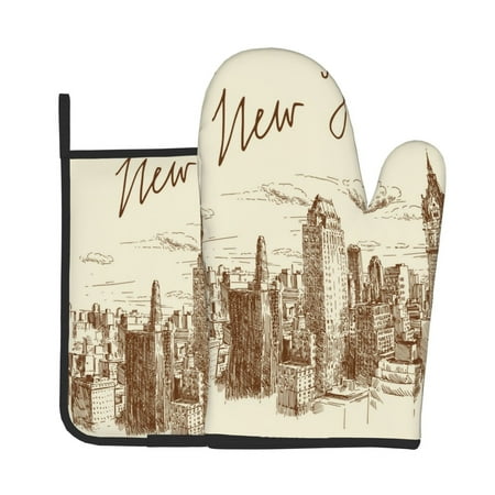 

Jgfou New York Pattern Oven Mitts and Pot Holders Sets Heat Resistant Oven Mittens Soft Lining Extra Thicken Long Kitchen Cotton Oven Glove for Cooking