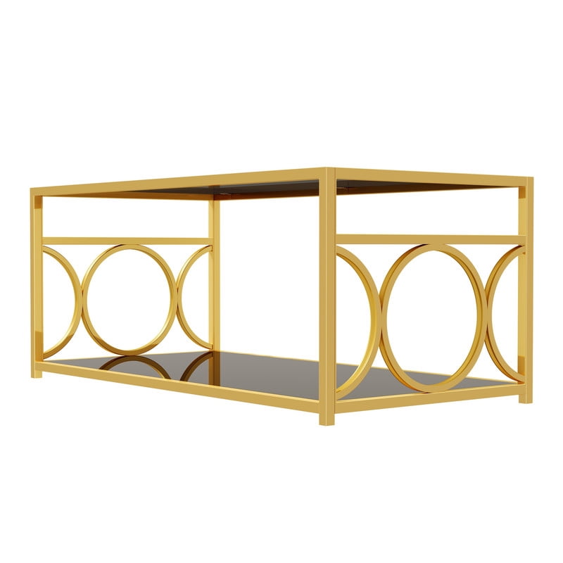 Glass Top Coffee End Table with Gold Metal Frame, Rectangular 2-Tier Storage Center Cocktail Table with Open Storage Shelf