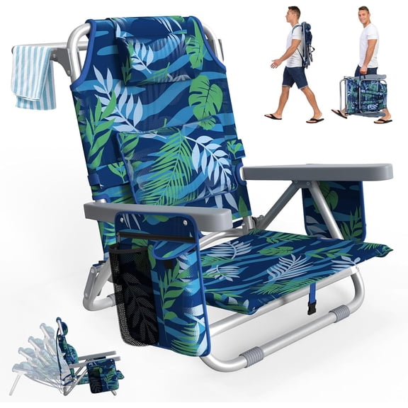 PNKKODW Backpack Beach Chair with 5 Adjustable Positions, Built-in Cooler & Backpack Straps, Portable Folding Sand Recliner for Adults for Camping, Pool, Travel (Tropical Leaf)