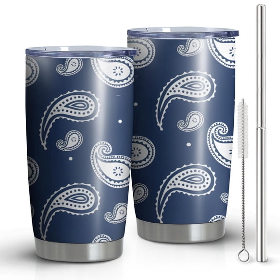 20oz Tumblers Blue Pioneer Flower and Paisley Pattern Stainless Steel Vacuum Insulated Double Wall Travel Tumbler Cups Mug with Lid and Straw,Cleaning Brush for Cold & Hot Drinks