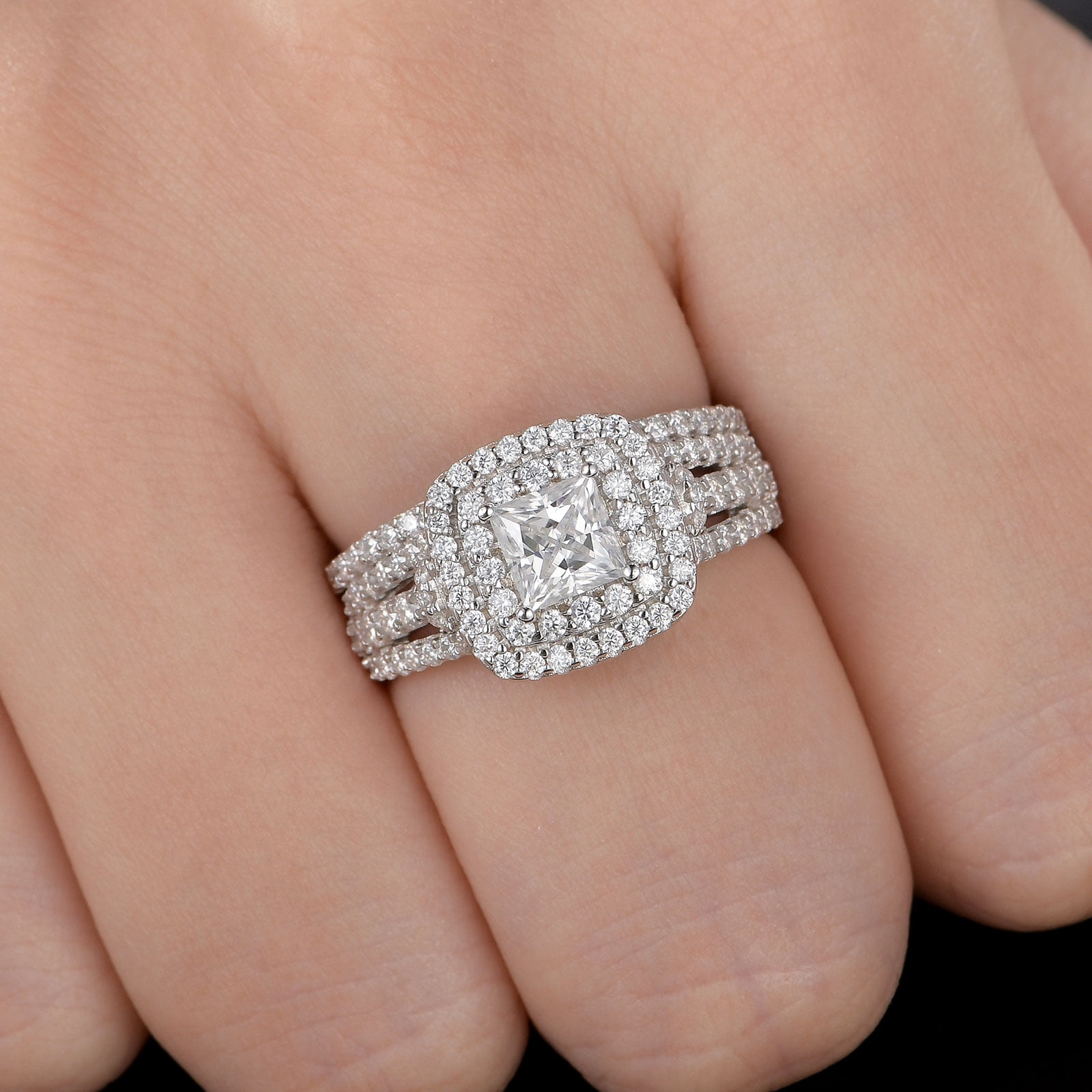 Newshe Jewellery Moissanite Rings For Women Wedding Ring Set 925 Sterling Silver 1.9ct Princess White Size 9