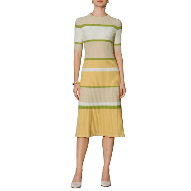 INSPIRE CHIC Vestidos de punto a rayas para mujer, de manga corta, midi, vestido de suéter de canalé XL amarillo