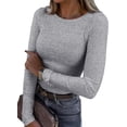 thumbnail image 1 of SURJDE Womens Long Sleeve Stretch Crewneck Ribbed T-Shirt Fitted Casual Basic Tops, 1 of 7