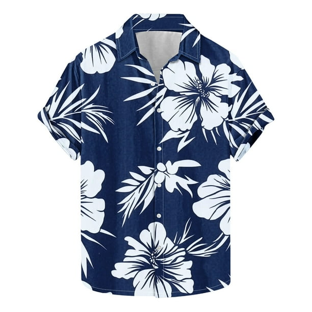 Camisas Hawaianas de los Hombres de Moda Casual Floral Impresión de Manga Corta Solapa Botón Arriba, Ligero para Primavera Verano