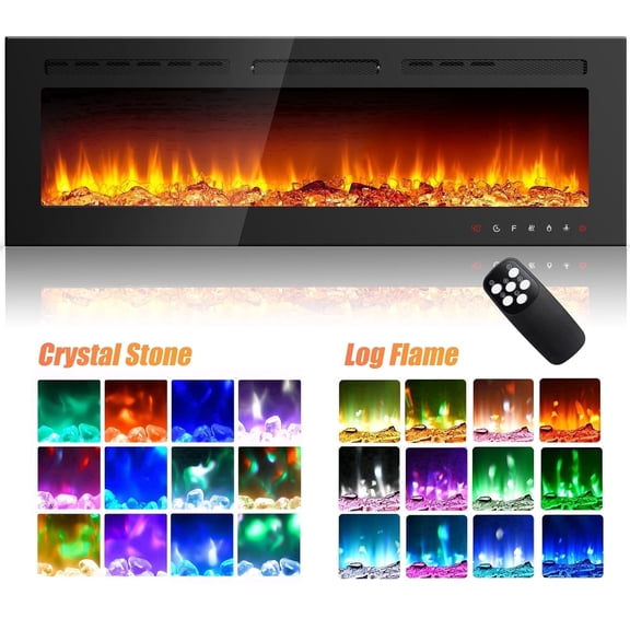 TCISA 50" Electric Fireplace, Recessed and Wall Mounted,Low Noise Thinnest thermostatic Fireplace , Remote Control with Timer,Touch Screen,Adjustable Flame Colors