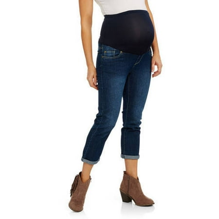 Maternity Over Belly Cotton Denim 5 Pocket Wide Roll Cuff Capri Back Pocket Embellished