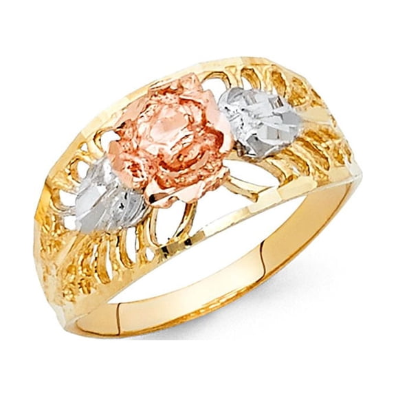 14k Tri Color Italian Solid Gold Flower Design Ring 10mm