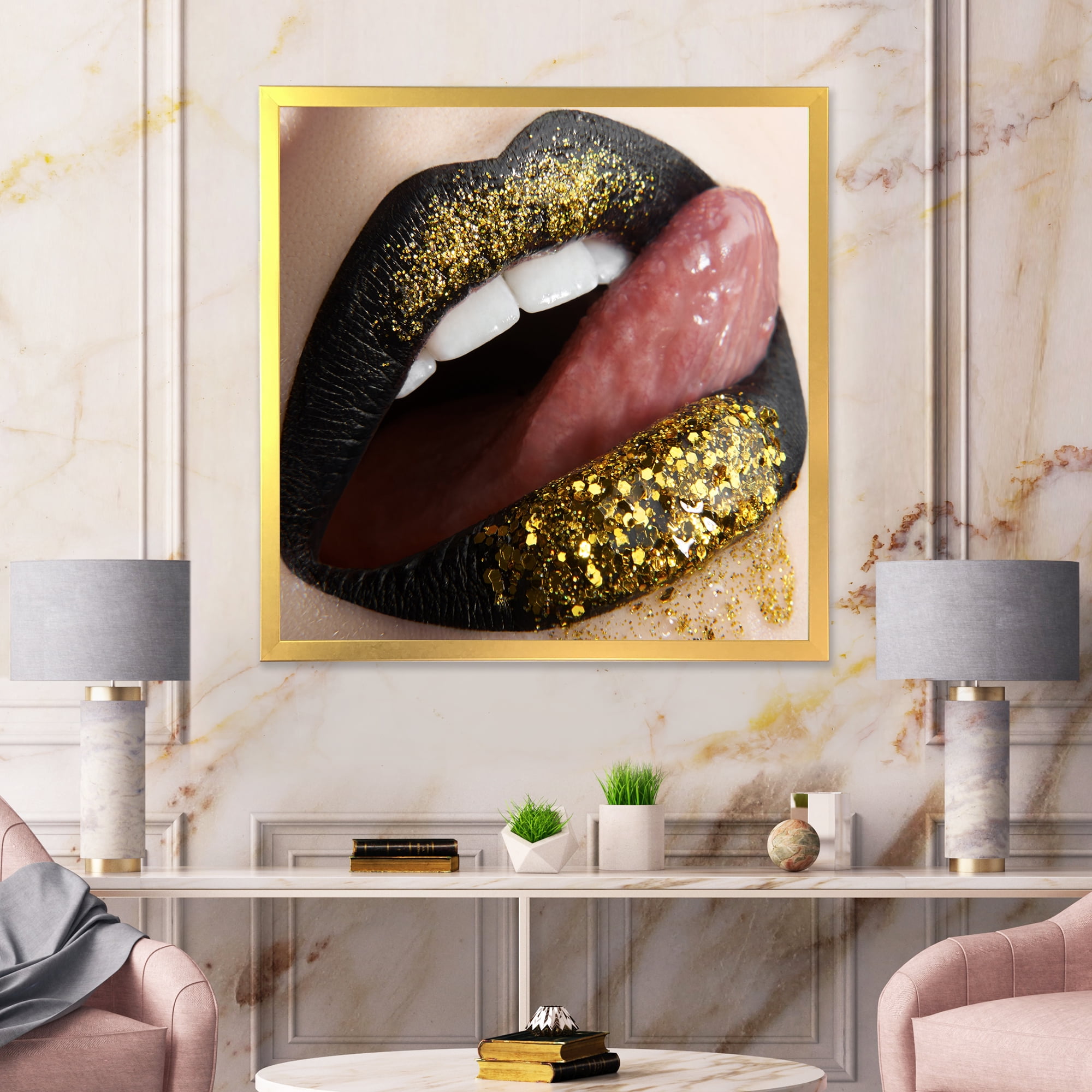 Designart 'Woman Lips Black Lipstick and Gold Sequins' Modern Framed Art Print