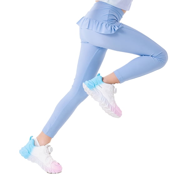 WEIGFI Child Girls High Waist Yoga Pants With Flounce Hem Daughter Matching Athletic Workout Capris For Fitness Trousers Stylish Solid Color Slacks