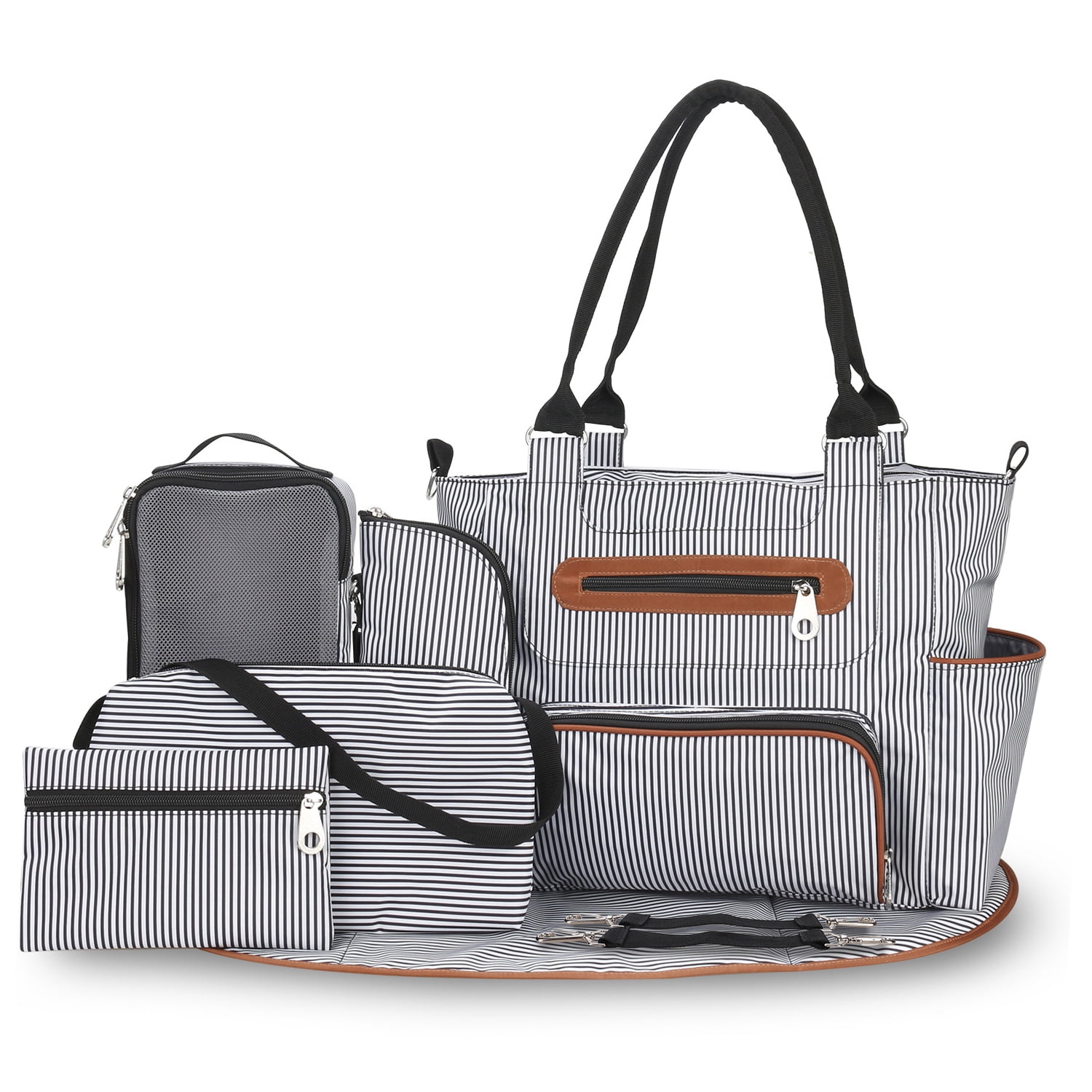 iMounTEK 8PCS Diaper Bag Tote Set, Baby Bags for Mom, Black Stripe