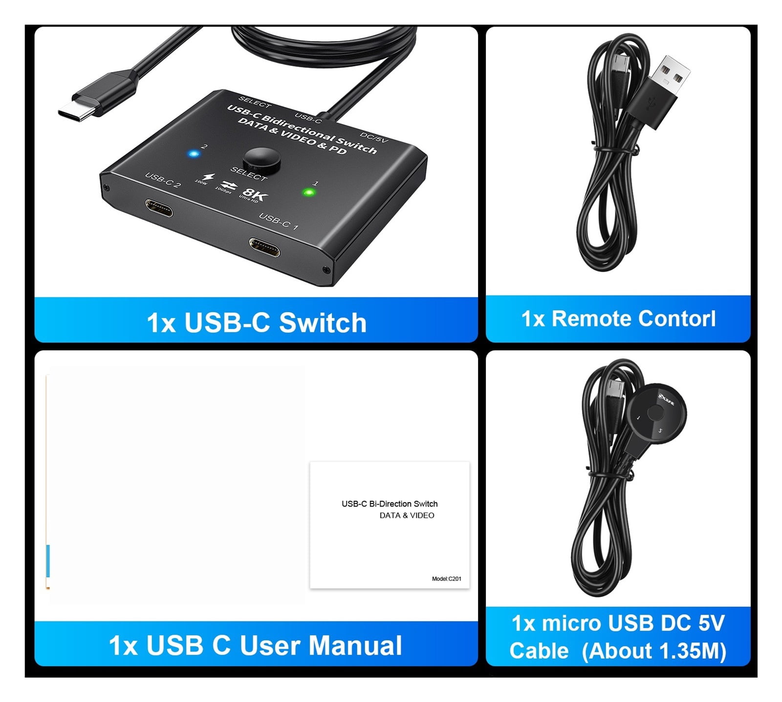 100W USB C Two-way Switcher Type-C Splitter 2x1/1x2 Bi-Direction KVM Data Video Switcher 8K For Computer Monitor Multiple Source ,Wide Compatibility