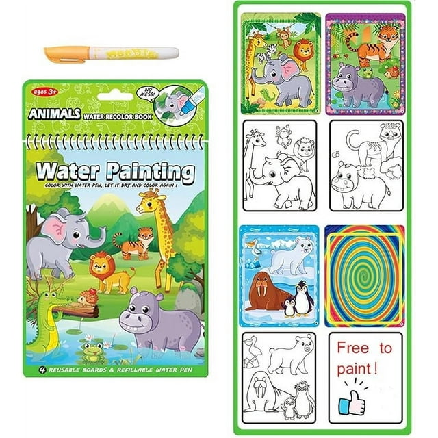 Xihbxyly Juego de Agua Reutilizable, Páginas de Grafiti de Doble Cara, Diversión Educativa Colorida, Bolígrafo de Agua Recargable Incluido, Juego Creativo para Niños de 3 a 6 Años, 4 Páginas En Blanc