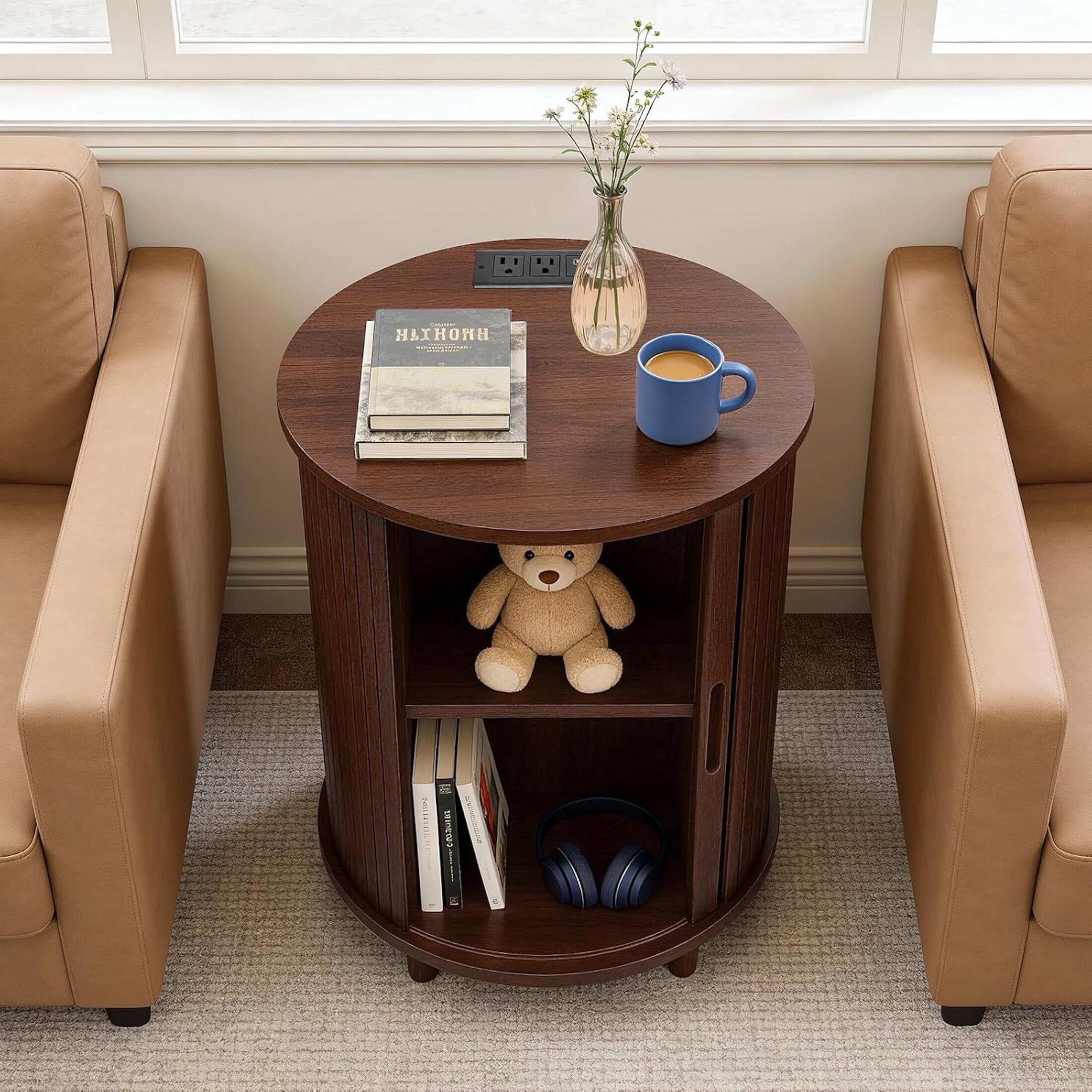 AISWORD Round End Table with Charging Station, Fluted Accent Side Table with Sliding Door and Adjustable Shelf, Nightstand for Small Space, Walnut